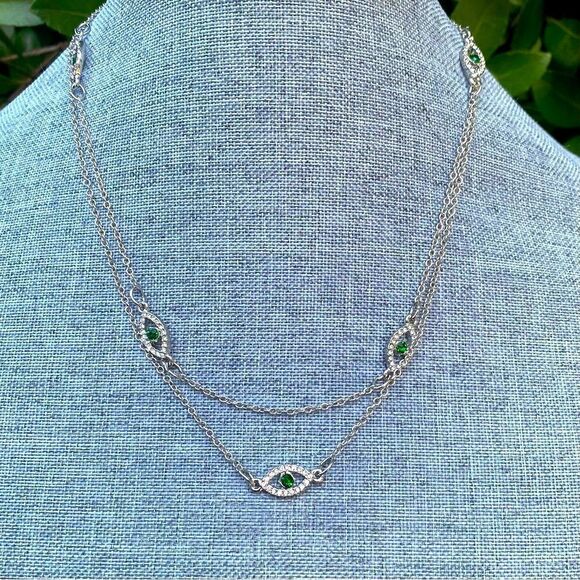 NWT New Urban Outfitters OU Silver/Green Double Layer Evil Eye Pendant Necklace - Picture 2 of 7